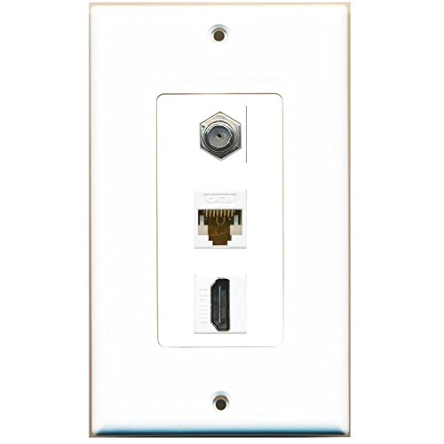 RiteAV Decorative 1 Gang Wall Plate (White/White) 3 Port - Coax (White) Cat6 (White) HDMI (White)