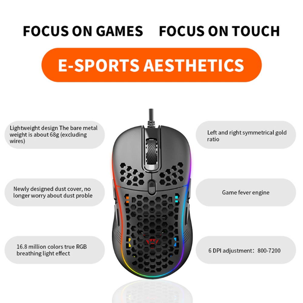 Hollow Out RGB Gaming Mouse Wired, 60g Ultra-Lightweight Honeycomb Computer Gaming Mice, with 6 Function Buttons,7 Backlight ,7200 Adjustable DPI for Windows PC & Laptop Gamers