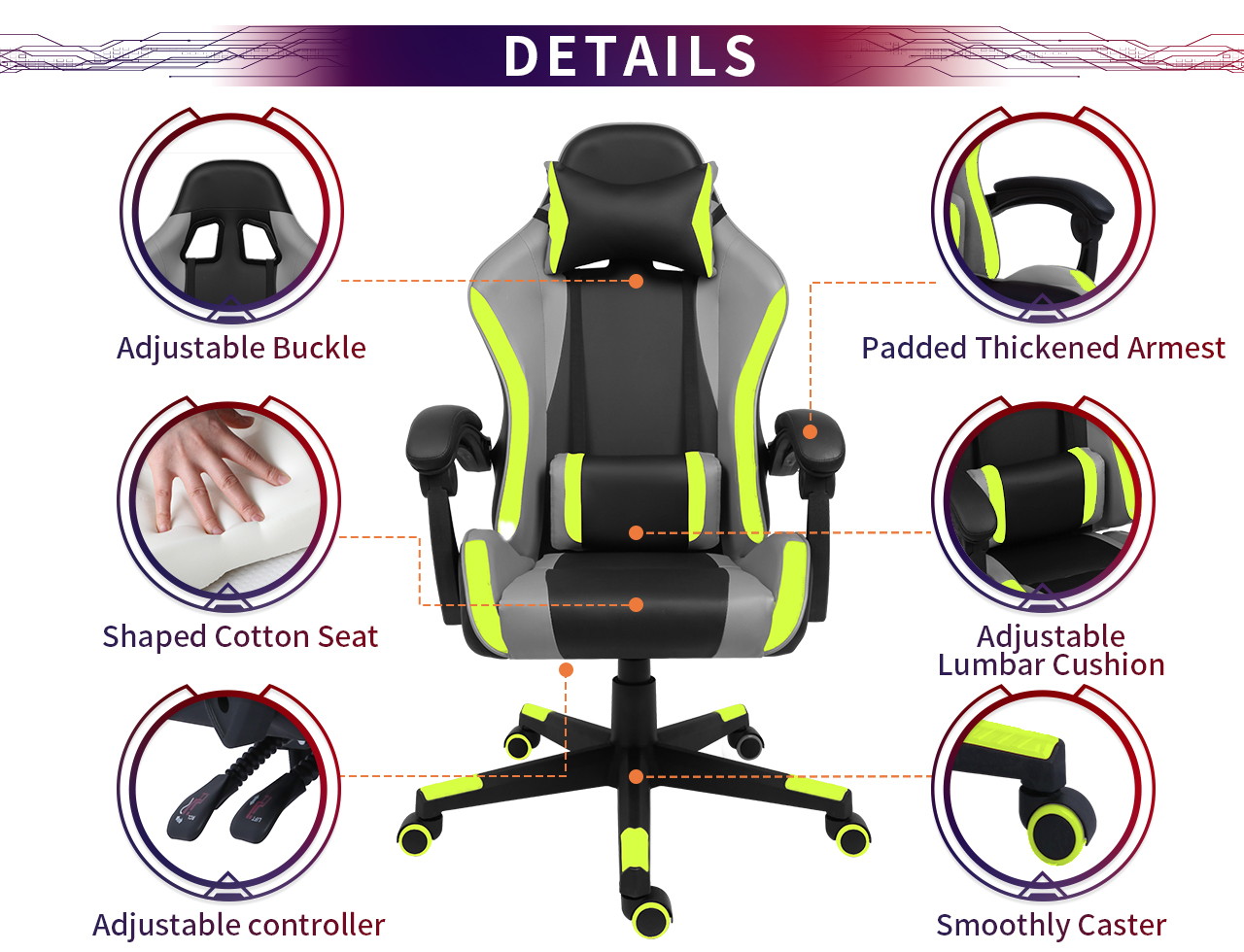 GIAS Gaming Chair Racing Style Ergonomic High Back Computer Chair With Adjustable Headrest and Lumbar Support Swivel Office Chair, Seat Height Adjustable,Black/Green