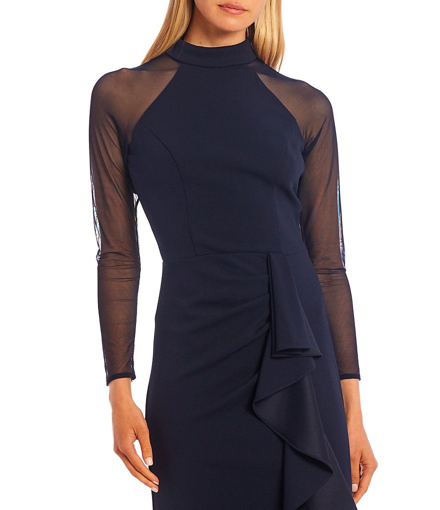 Betsy & Adam Mock Neck Long Illusion Sleeve Ruffle Slit Leg Stretch Gown