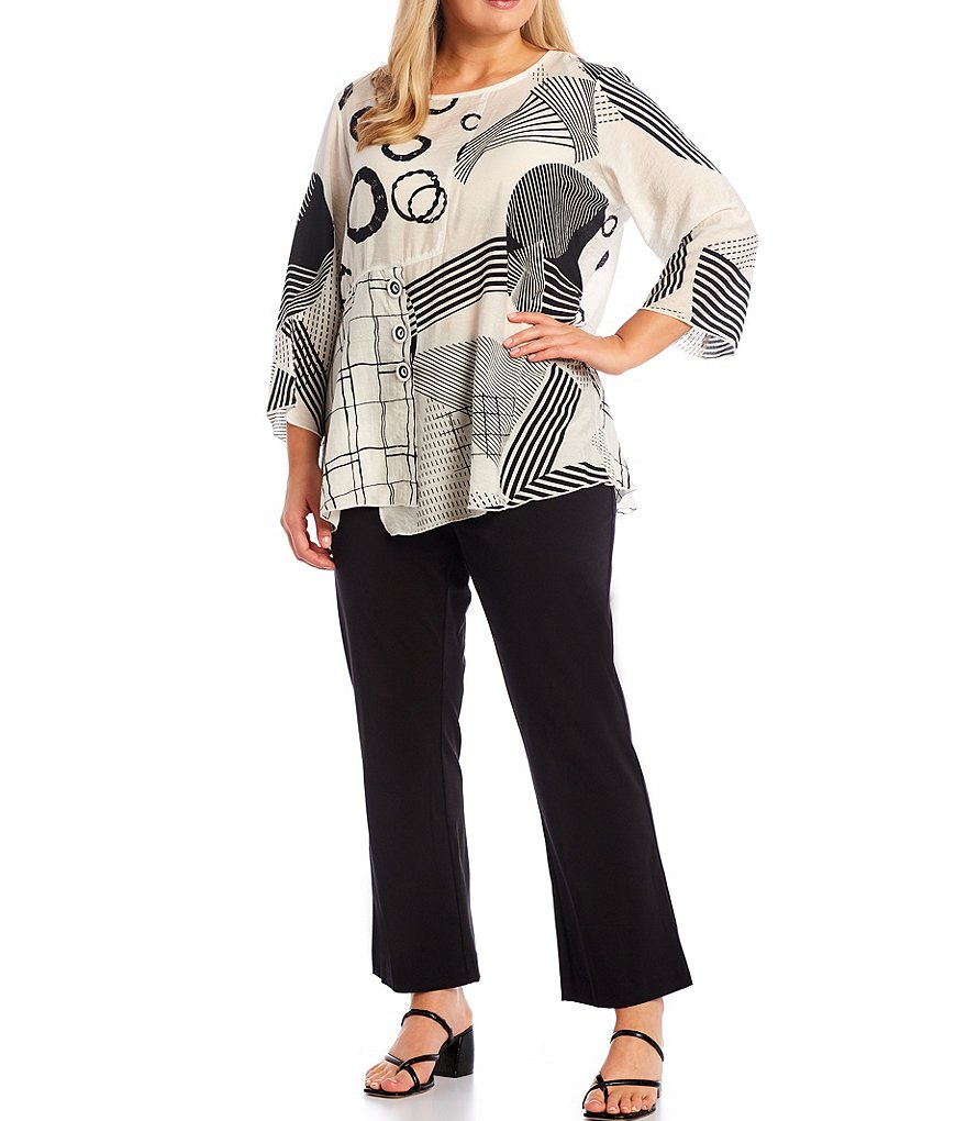 Ali Miles Plus Size Mixed Geometric Print Scoop Neck 3/4 Sleeve Tunic