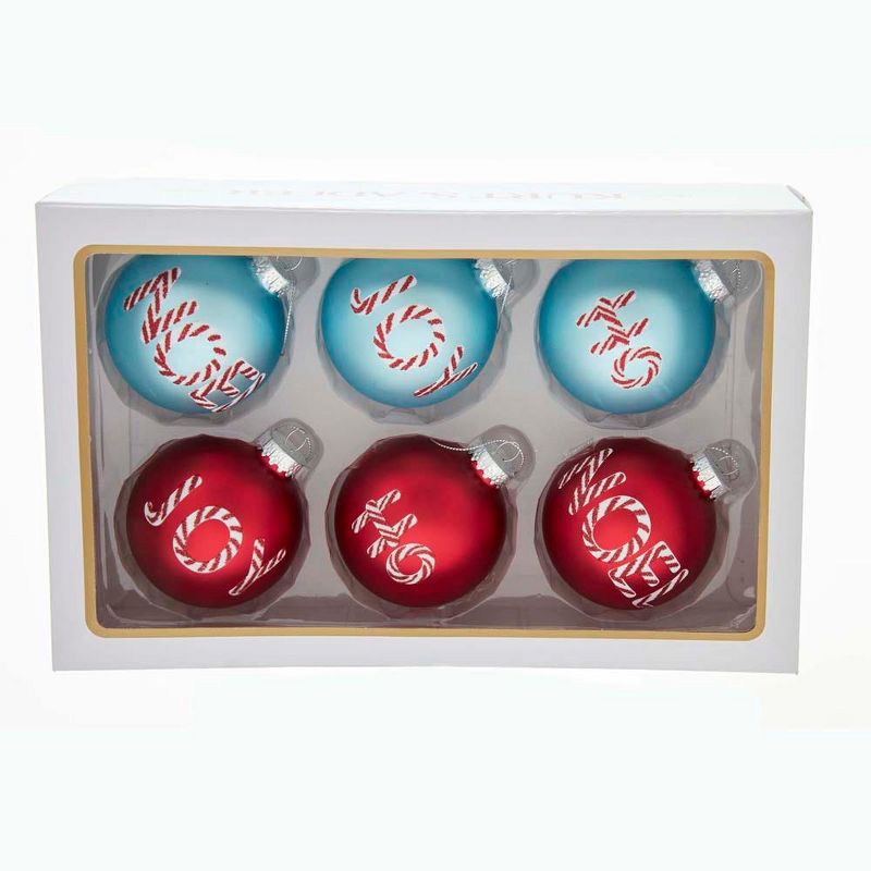 Kurt Adler 80MM Retro Red and Aqua Shiny and Matte Glass with Words Ball Ornaments, 6 Piece Set