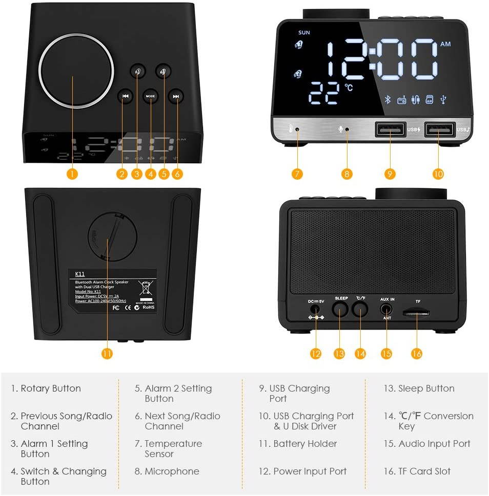 4.2 Inch Alarm Clock Radio, Bluetooth Speaker with Dual Snooze Clock USB Charging Port, AUX TF Card Play, Thermometer, Large Mirror LED Dimmable Display for Bedroom, Kitchen, Hotel, Table, Desk
