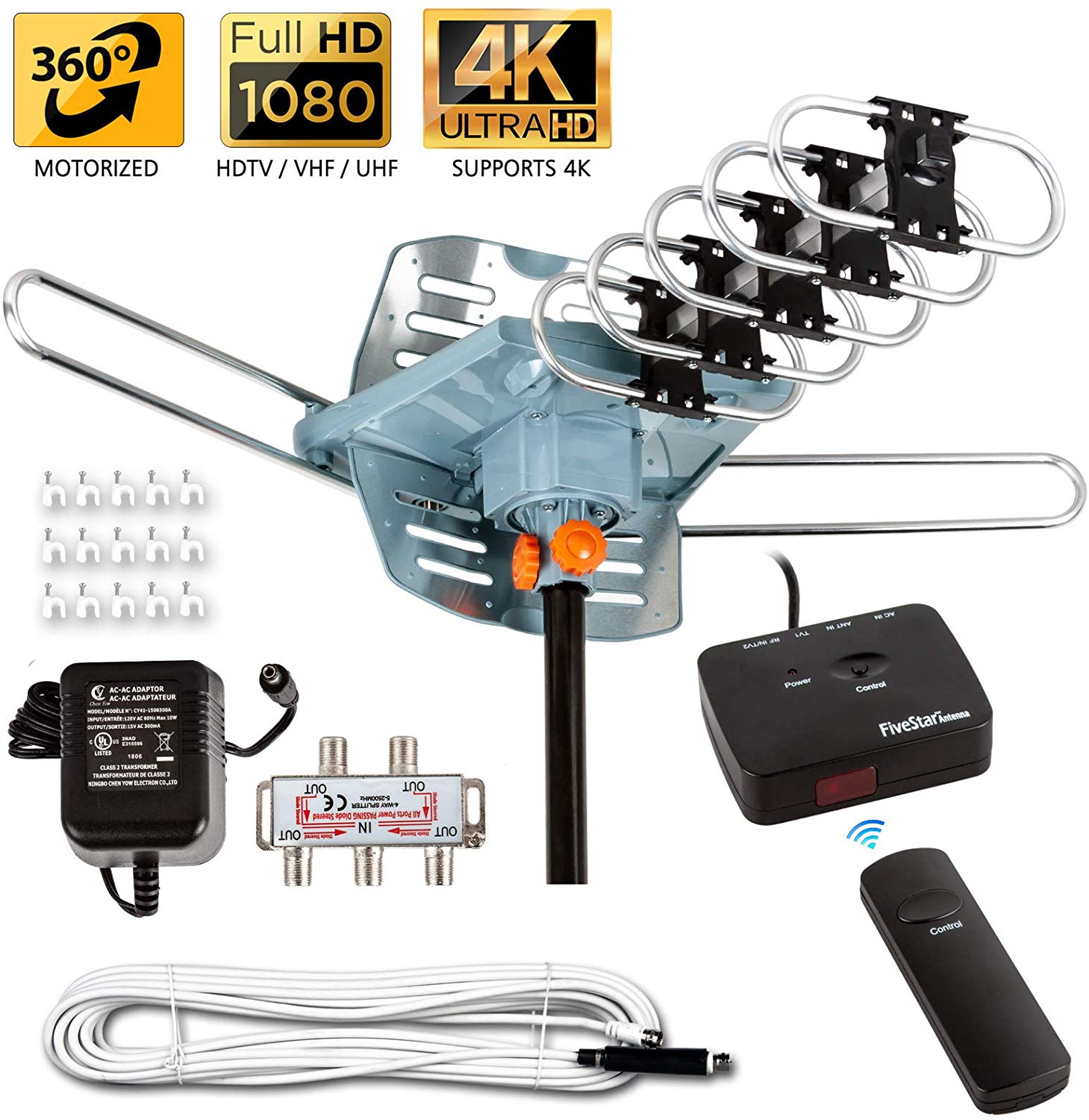Five Star [Newest 2020] HDTV Antenna Amplified Digital Outdoor Antenna 150 Miles Range, 360 Degree Rotation Wireless Remote, with 40FT RG6 Coax Cable Installation Kit Supports 5 TVs