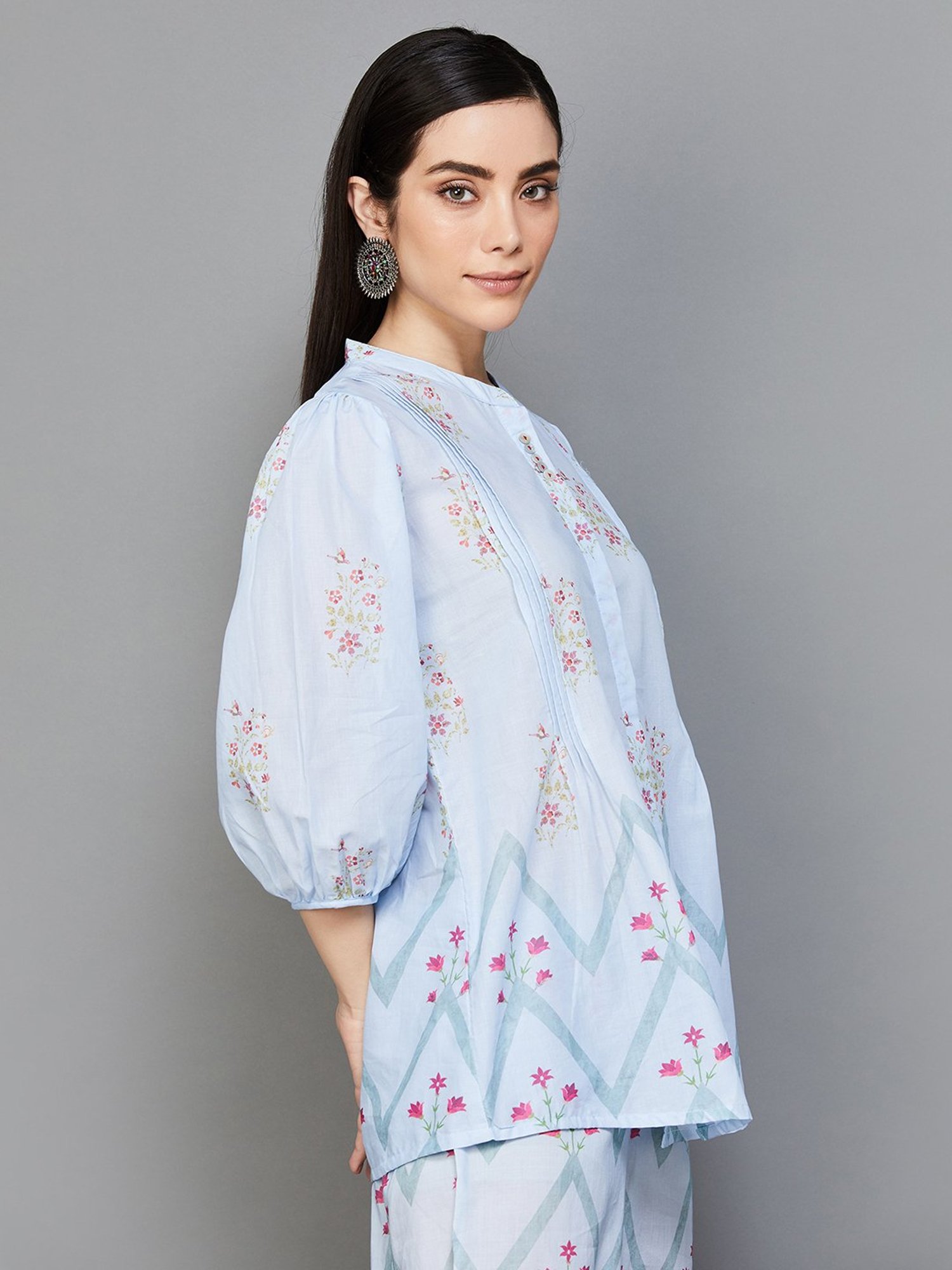 Melange by Lifestyle Blue Cotton Floral Print Tunic