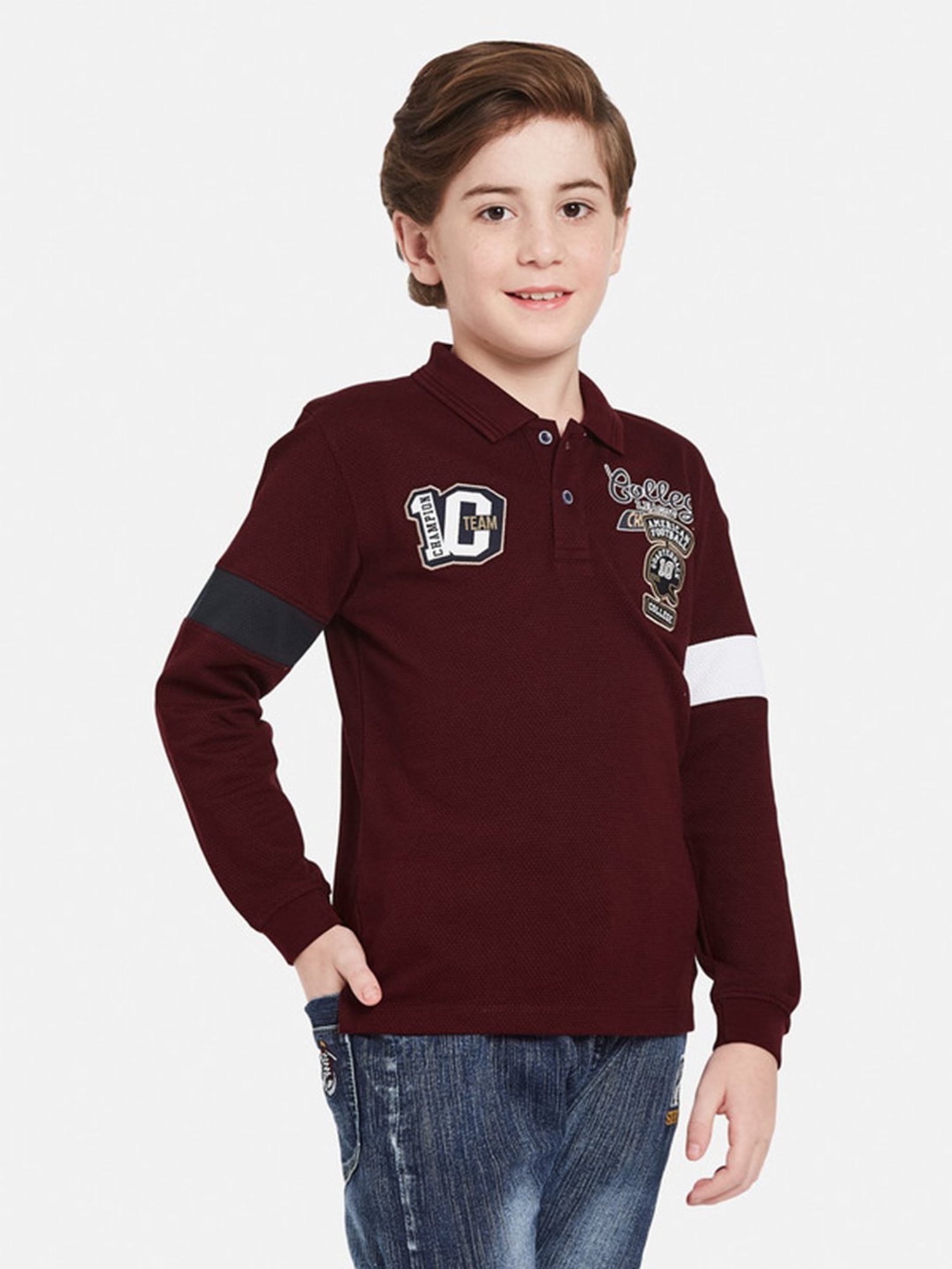Octave Kids Maroon Graphic Print Full Sleeves Polo T-Shirt