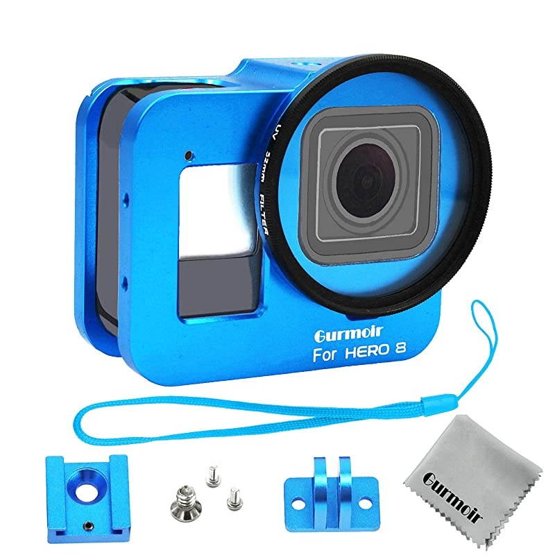 Case Aluminum Alloy Back Door Housing Frame for Gopro Hero 8 Black Action Camera Wire connectable Protective Metal Side Open Shell with 52mm UV Filterfor Gopro Hero 8 Blue