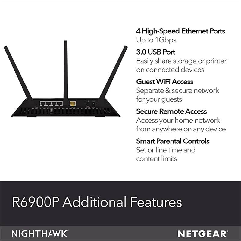 Nighthawk Smart Wi-Fi Router (R6900P) - AC1900 Wireless Speed (Up to 1900 Mbps), Up to 1800 Sq Ft Coverage & 30 Devices, 4 x 1G Ethernet and 1 x 3.0 USB Ports, Armor Security