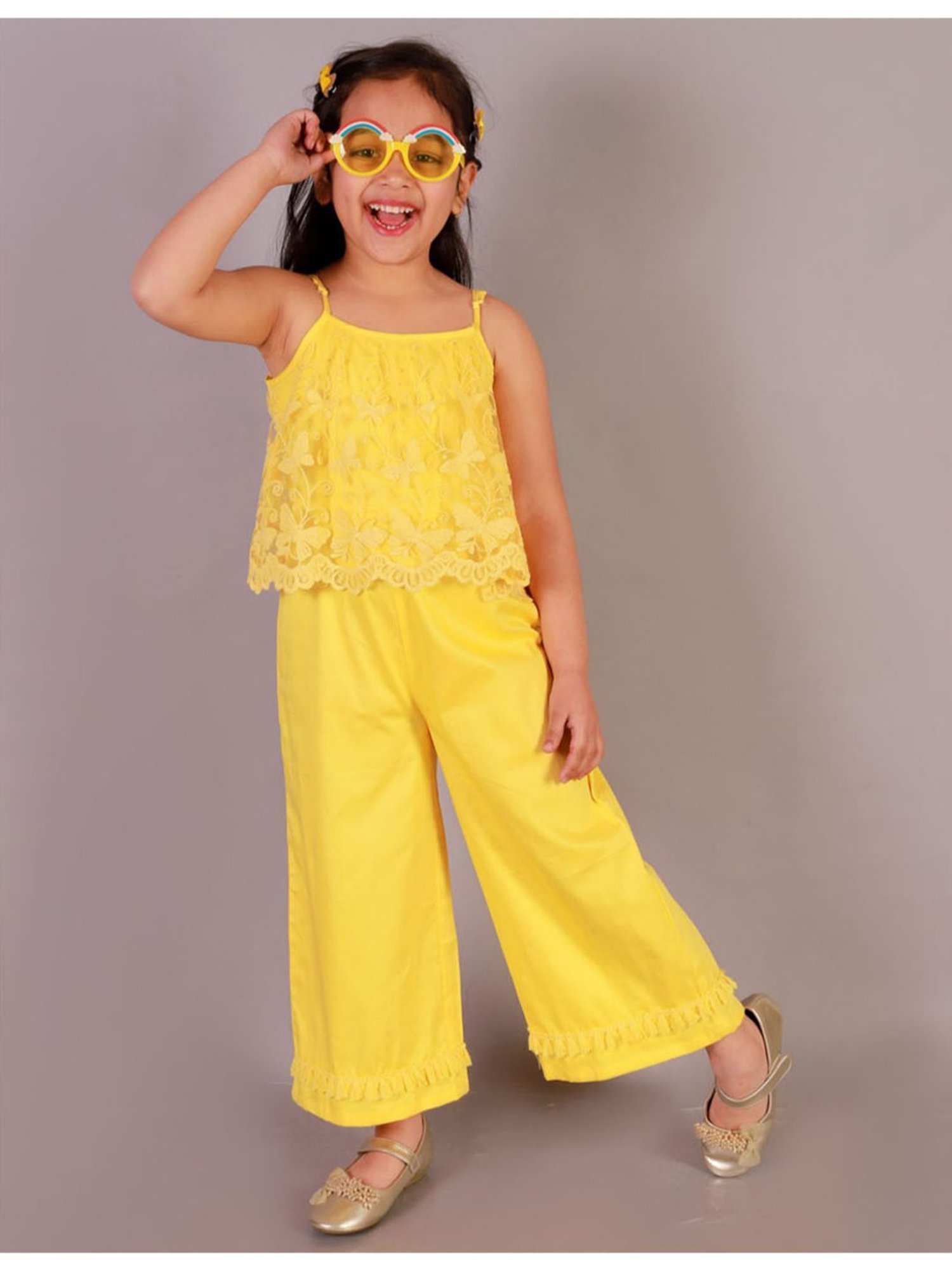 Lil Drama Kids Yellow Embroidered Jumpsuit