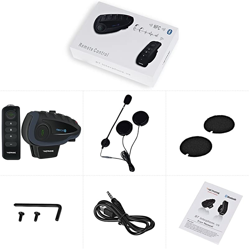 V8 Bluetooth Intercom Motorcycle Helmet Headset with Remote Control Handle FM Radio Among for 5 Riders Full Duplex 1200M Communication