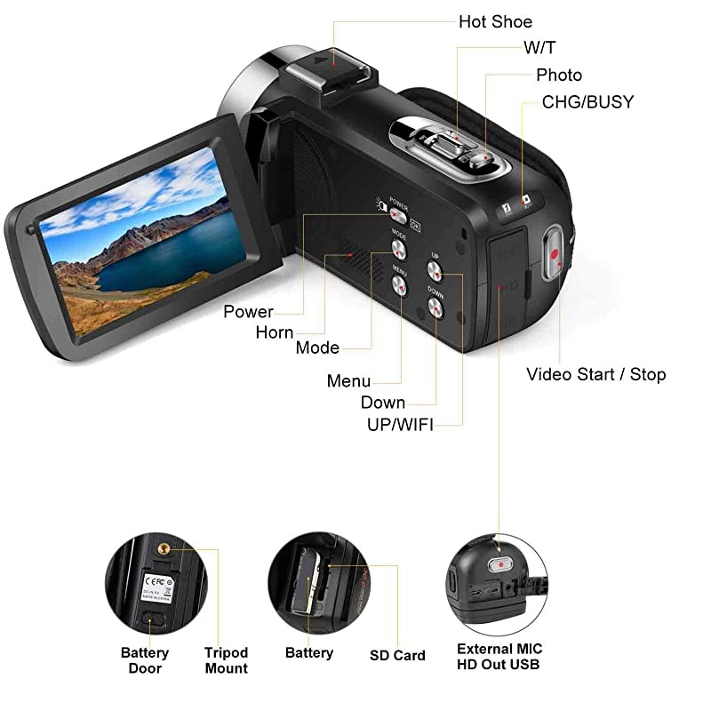 Camera Camcorder Digital YouTube Vlogging Camera FHD 1080P 30FPS 24MP 16X Digital Zoom 3 Inch Touch Screen Recorder with Remote Control and Tripod 2 Batteries