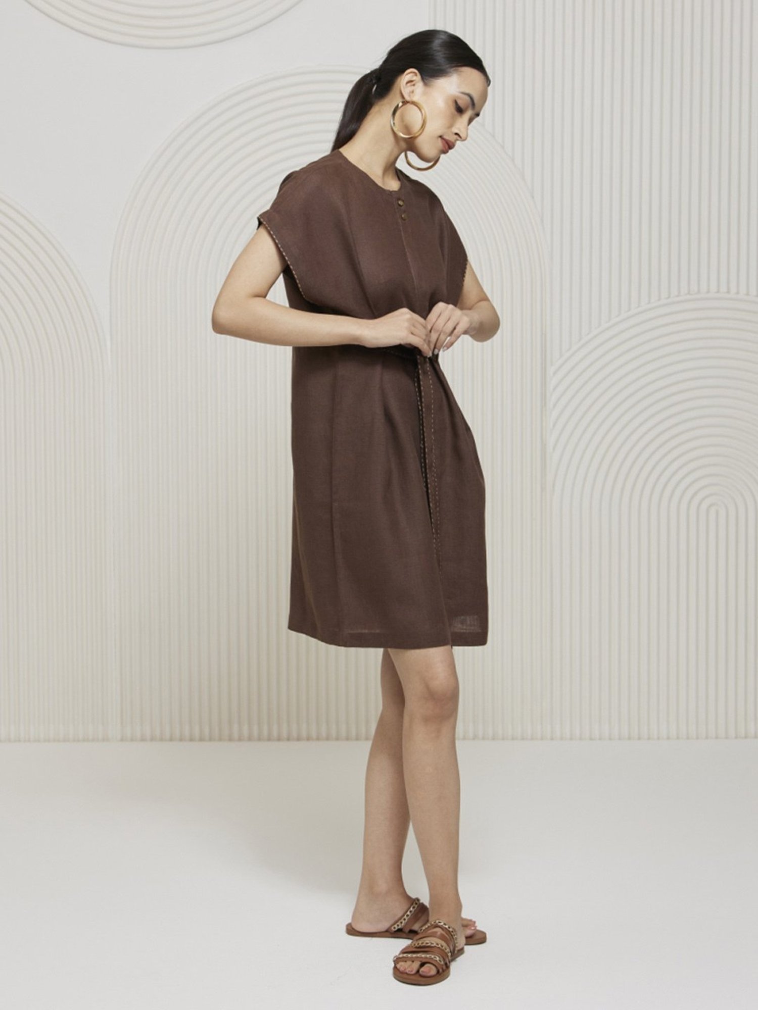 Artagai Chocolate Kantha Extended Sleeve Dress with Front Tie Up