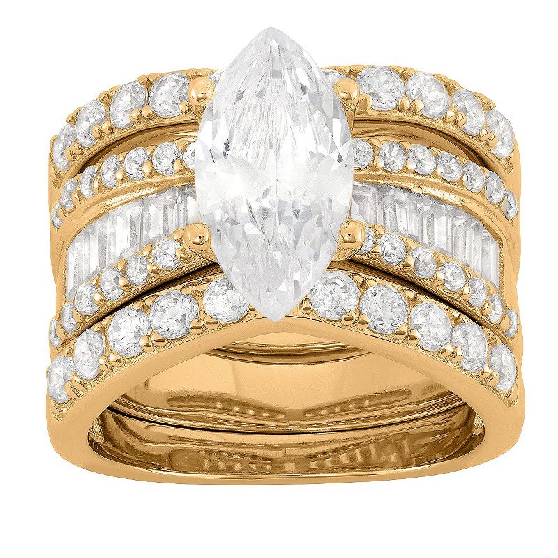 4.35 CT. T.W. 14x7mm Marquise-Cut Cubic Zirconia with Baguette Side Stones 3-Piece Ring Set In 14K Gold Over Silver - (5)