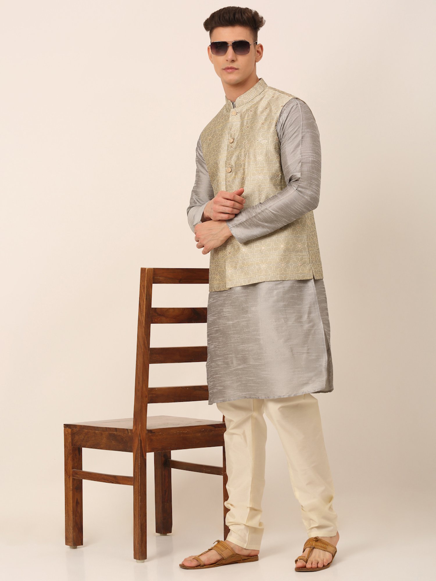 Jompers Beige Regular Fit Embroidered Nehru Jackets