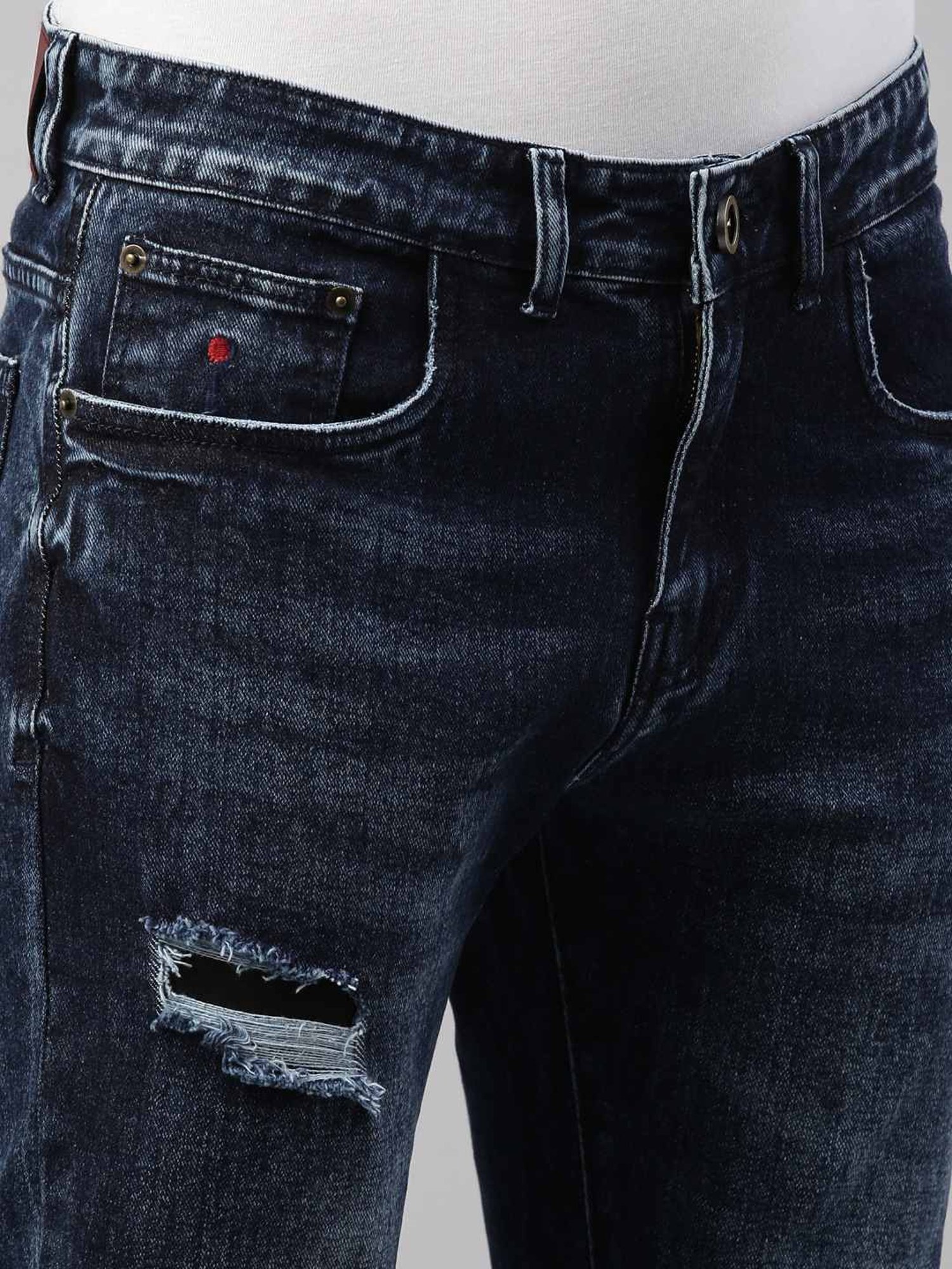 CINOCCI Dark Blue Cotton Slim Fit Distressed Jeans