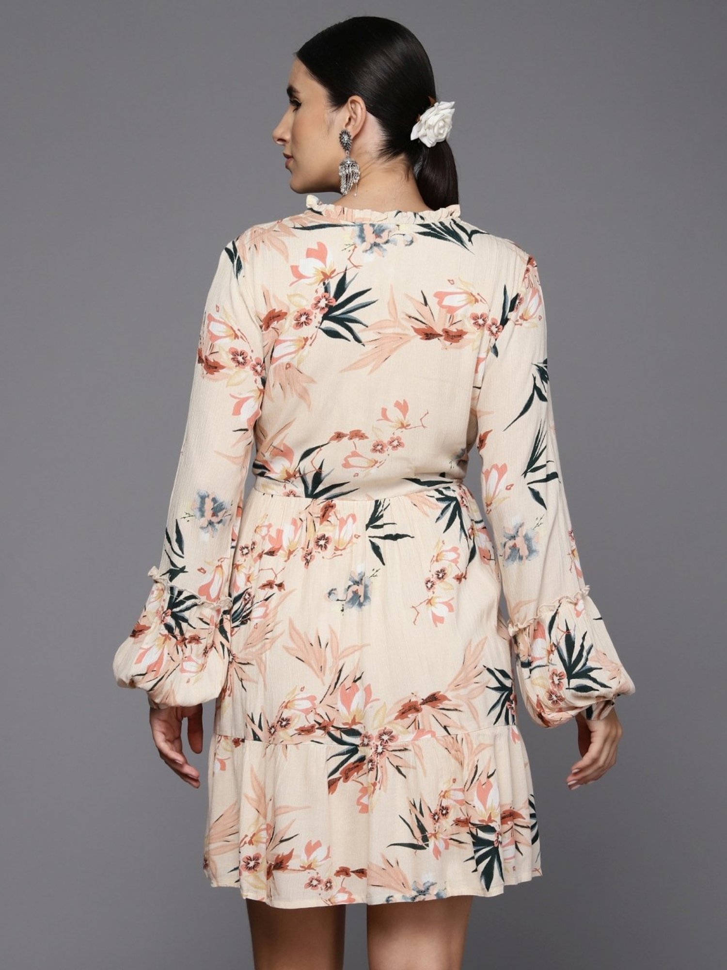 Indo Era Beige Cotton Floral Print A-Line Dress