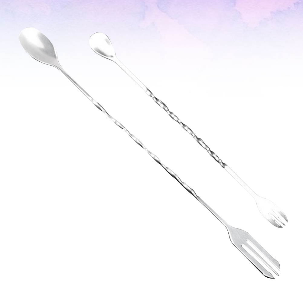 4pcs Wine Stirring Rod Stick Stirrers Ice Fork Dual Head Cocktail Spoons Swizzle Stick for Bar (2pcs Long Handle 32cm + 2pcs Short Handle 25cm Silver)