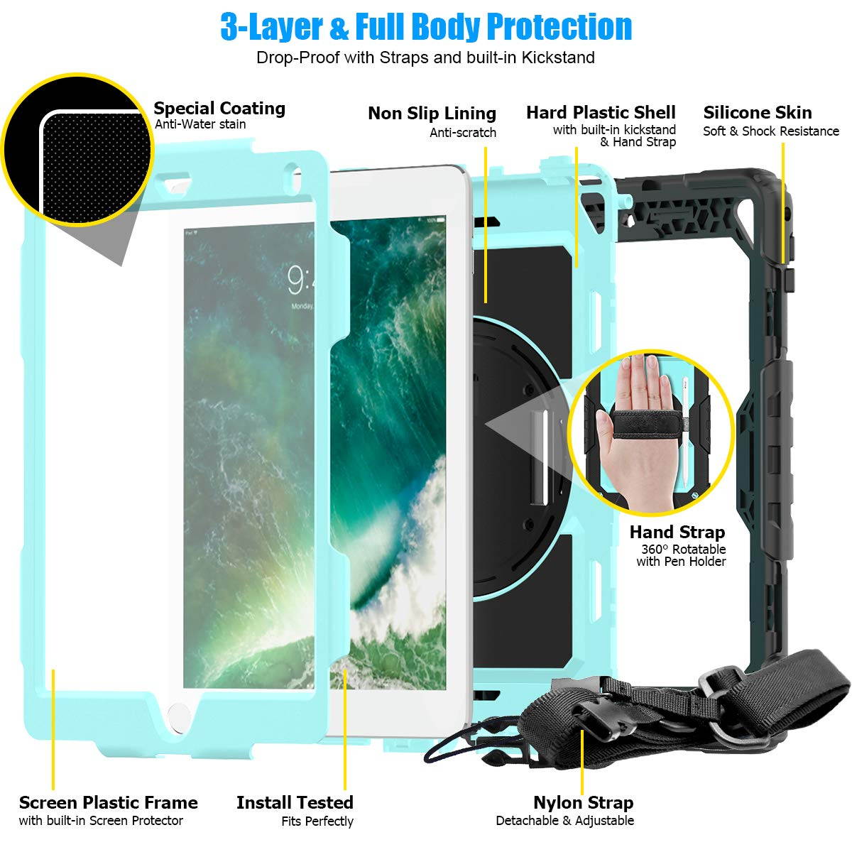 IPad 5th/6th Generation Case,Shockproof, Drop proof, 360 Degree Rotation Kickstand, Hand Strap,Shoulder Strip to Hang in Car Seat.Built-in Screen Protector for New iPad 9.7 2018/2017 Case