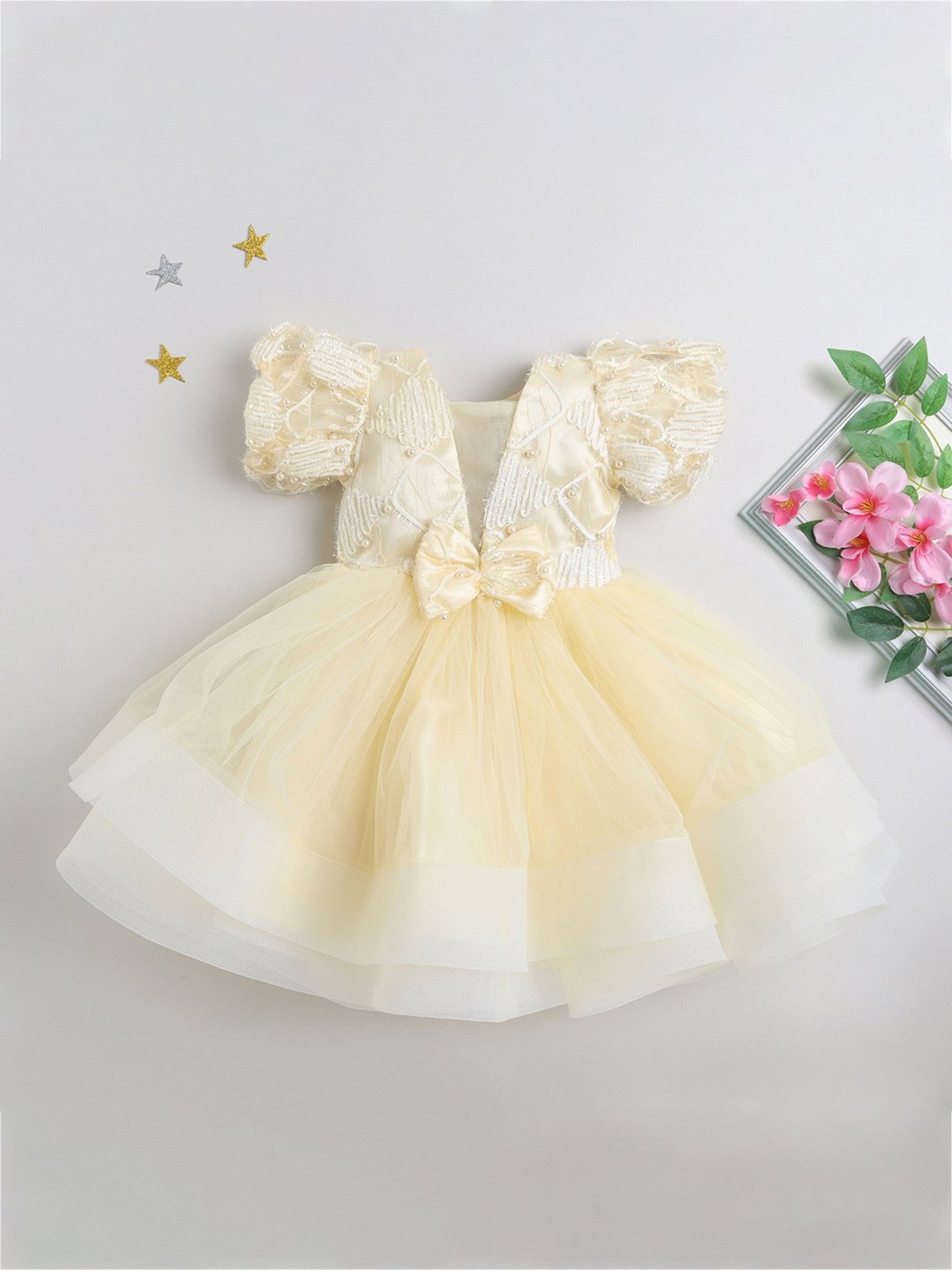 Many Frocks Kids Cream Embellished Dress