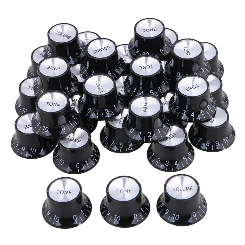 BQLZR Top Hat Guitar Plastic 10 Tone Knobs & 20 Volume Knobs Black w/ Aluminium Cap