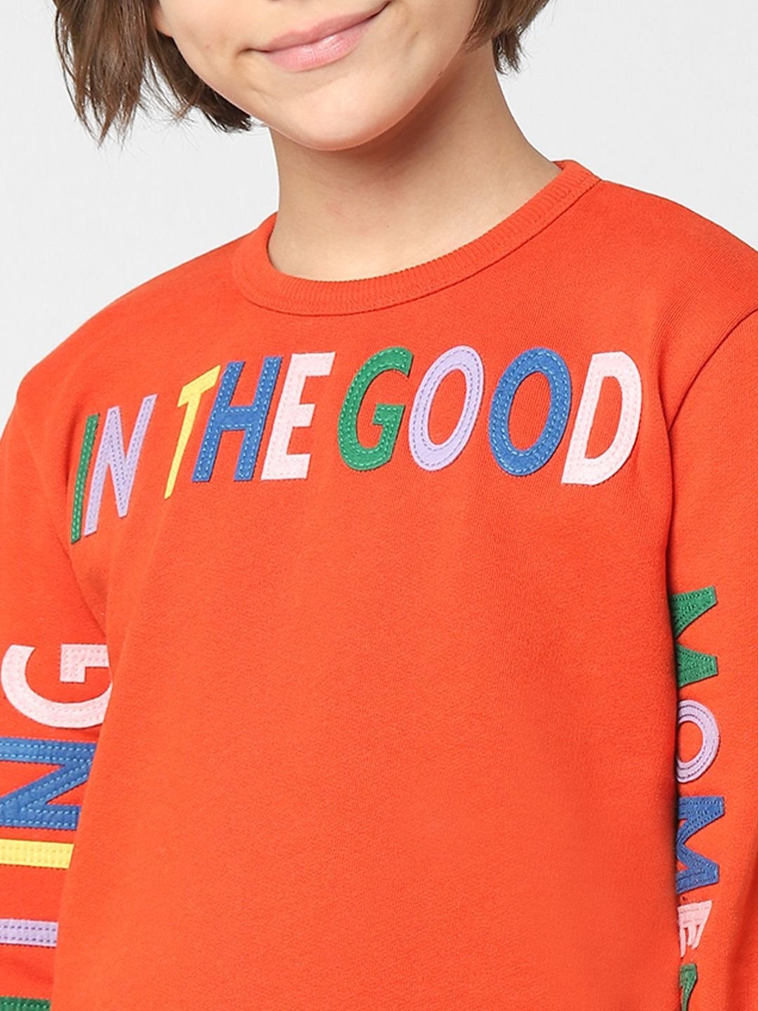 Jack & Jones Junior Orange Cotton Applique Full Sleeves Sweatshirt