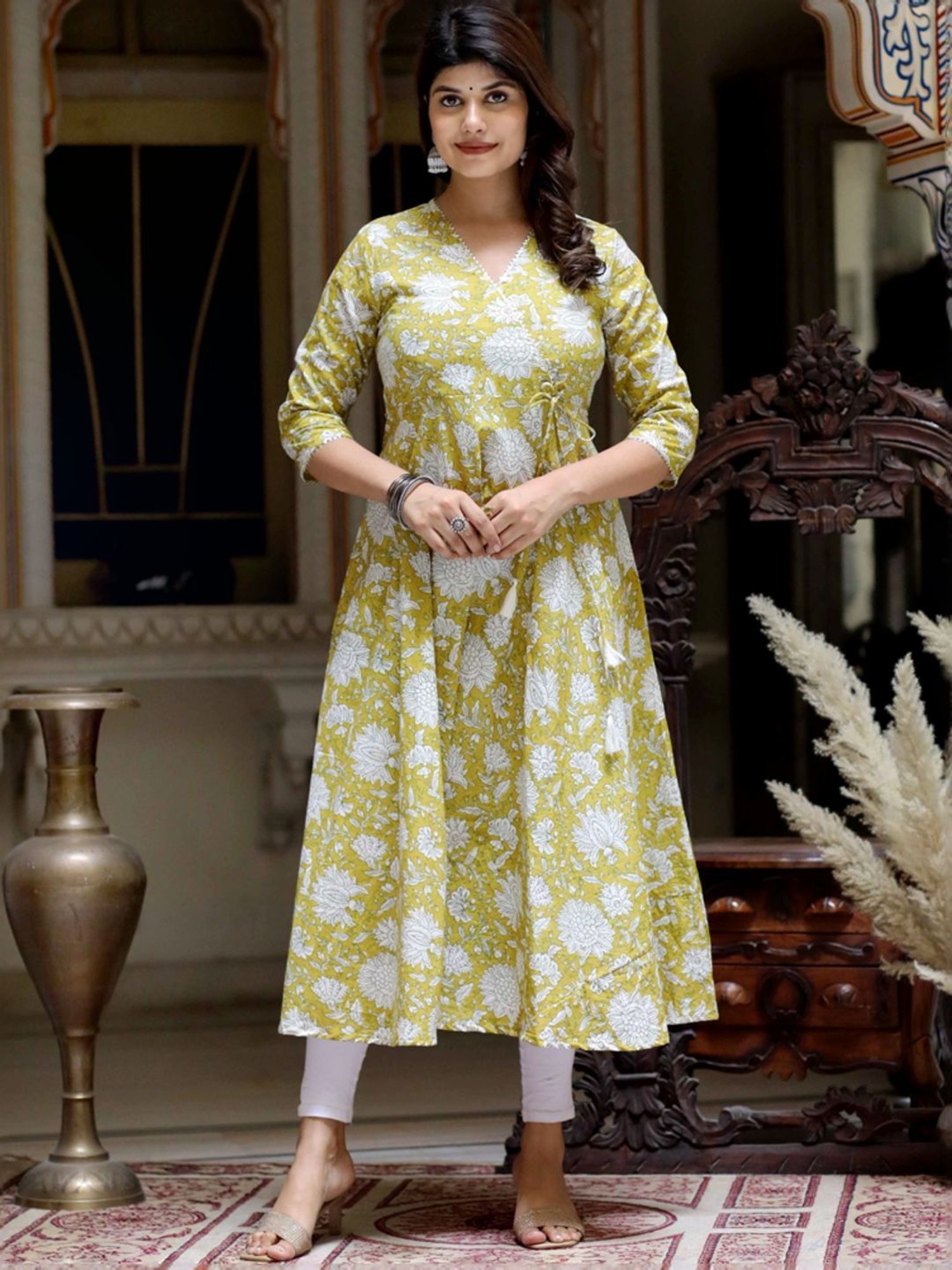 Miravan Green Cotton Angrakha Floral Print Kurta
