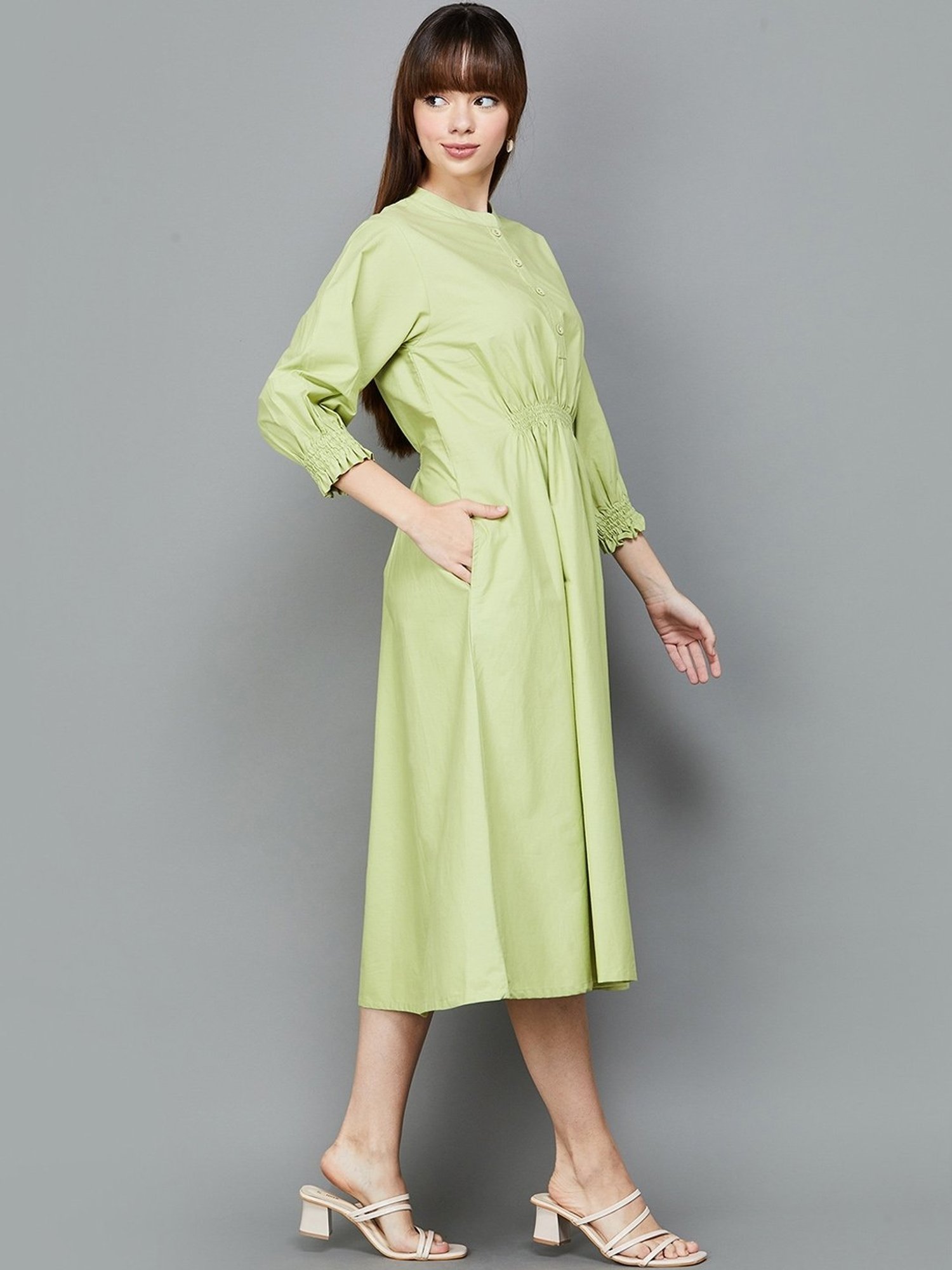 Colour Me by Melange Green Cotton A-Line Dress