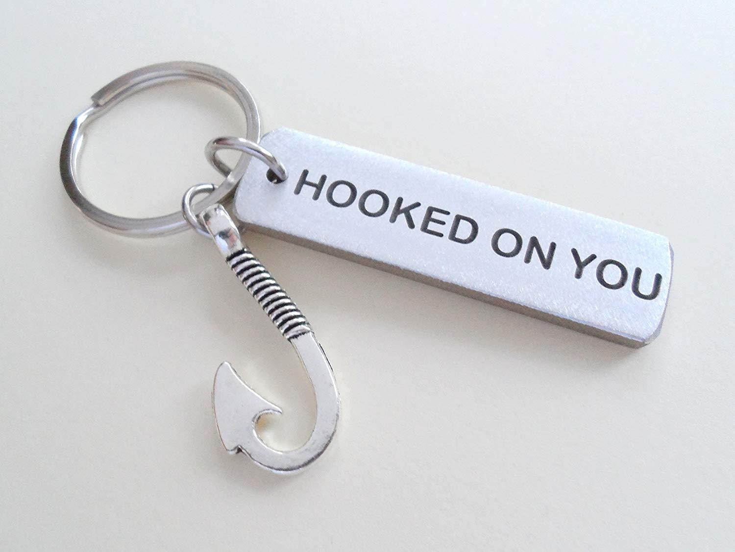 Hook Keychain With "Hooked On You" Engraved Aluminum Tag; Couples Keychain