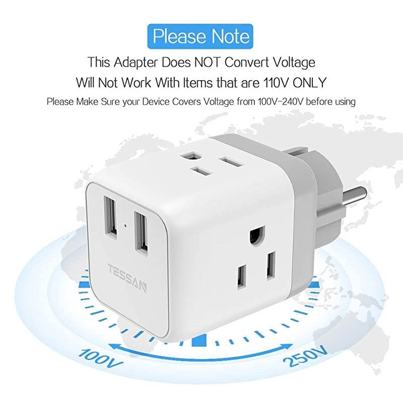 Schuko European Travel Plug Adapter  France Germany Power Adapter with 2 USB 3 American Outlets Type EF Plug Adapter for US to Europe German Frence Iceland Spain Russia Poland EU