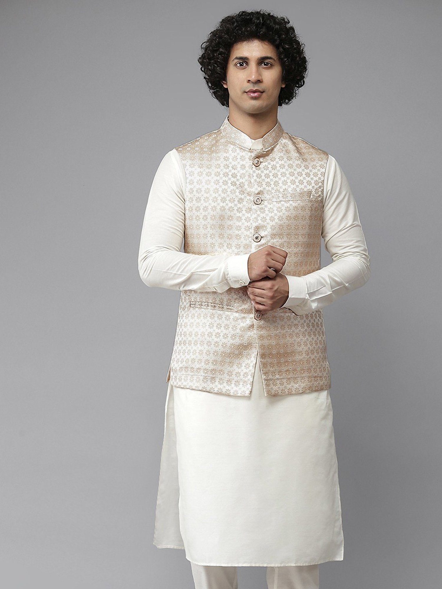 See Designs Gold Regular Fit Self Pattern Nehru Jacket