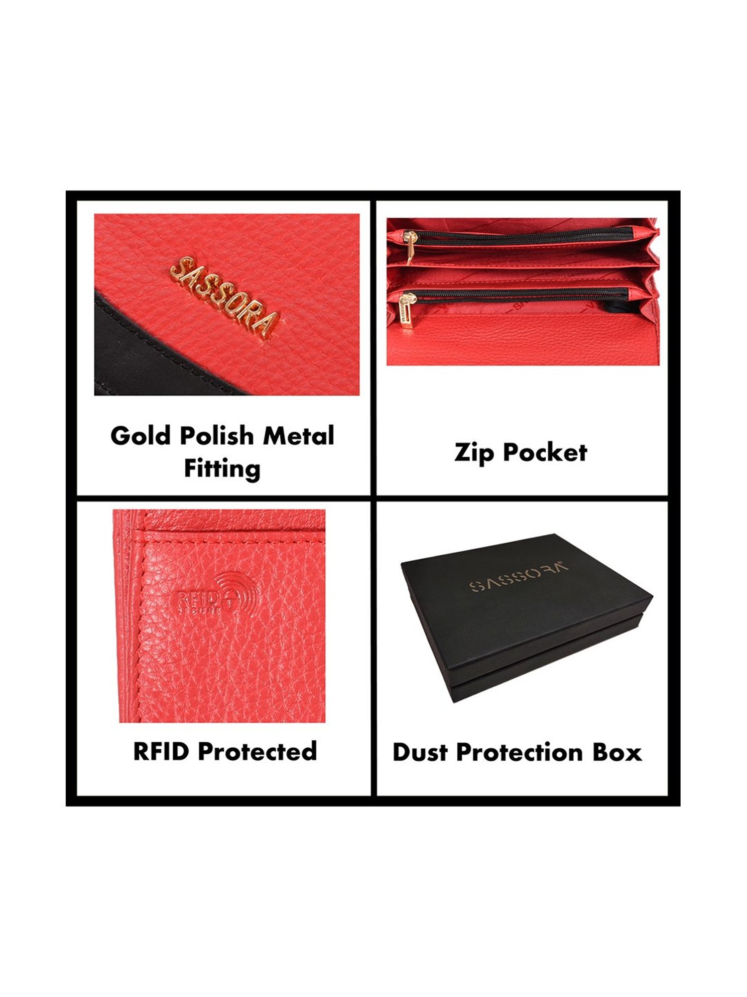 SASSORA Red & Black Solid Rfid Wallet for Women