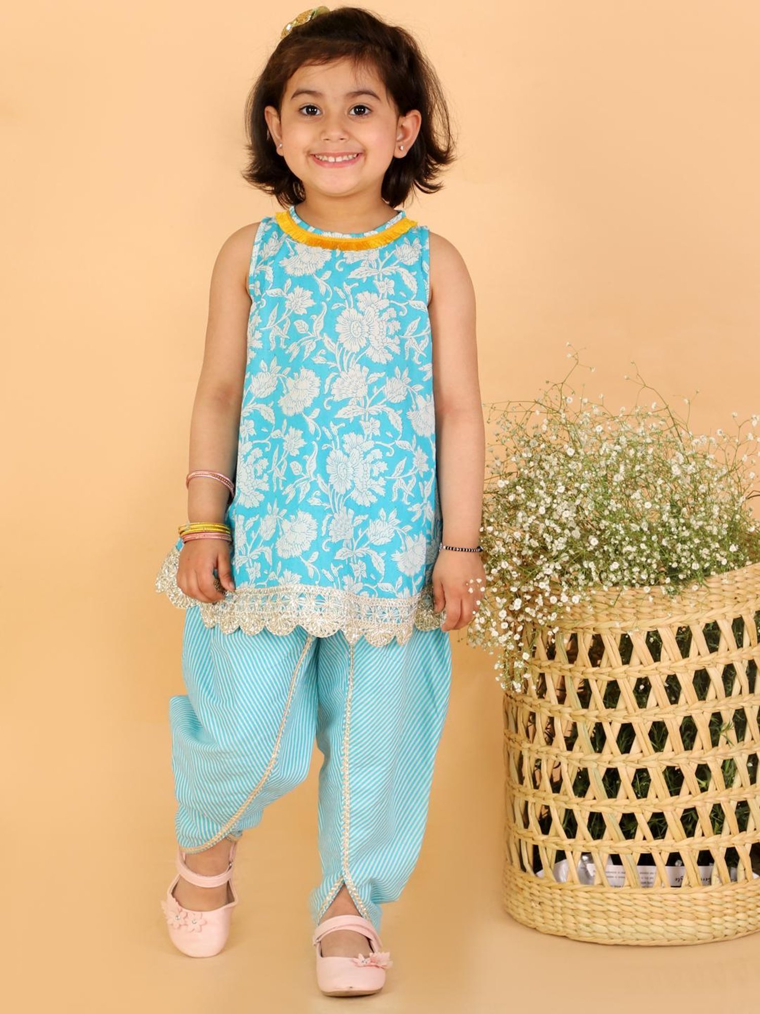 Lil Drama Kids Blue Cotton Floral Print Kurta Set