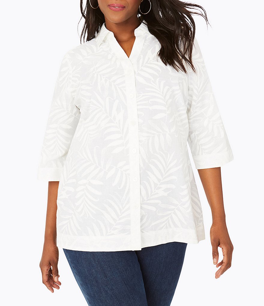 Foxcroft Plus Size The Liberty Palm Point Collar Neck 3/4 Sleeve Tunic