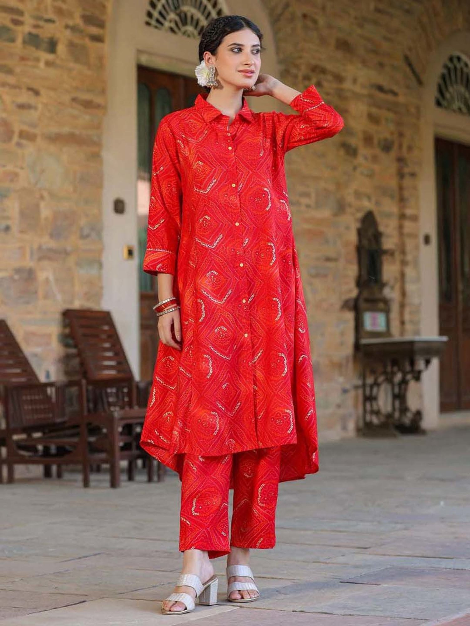 SCAKHI Crimson Red Printed Tunic Pant Set