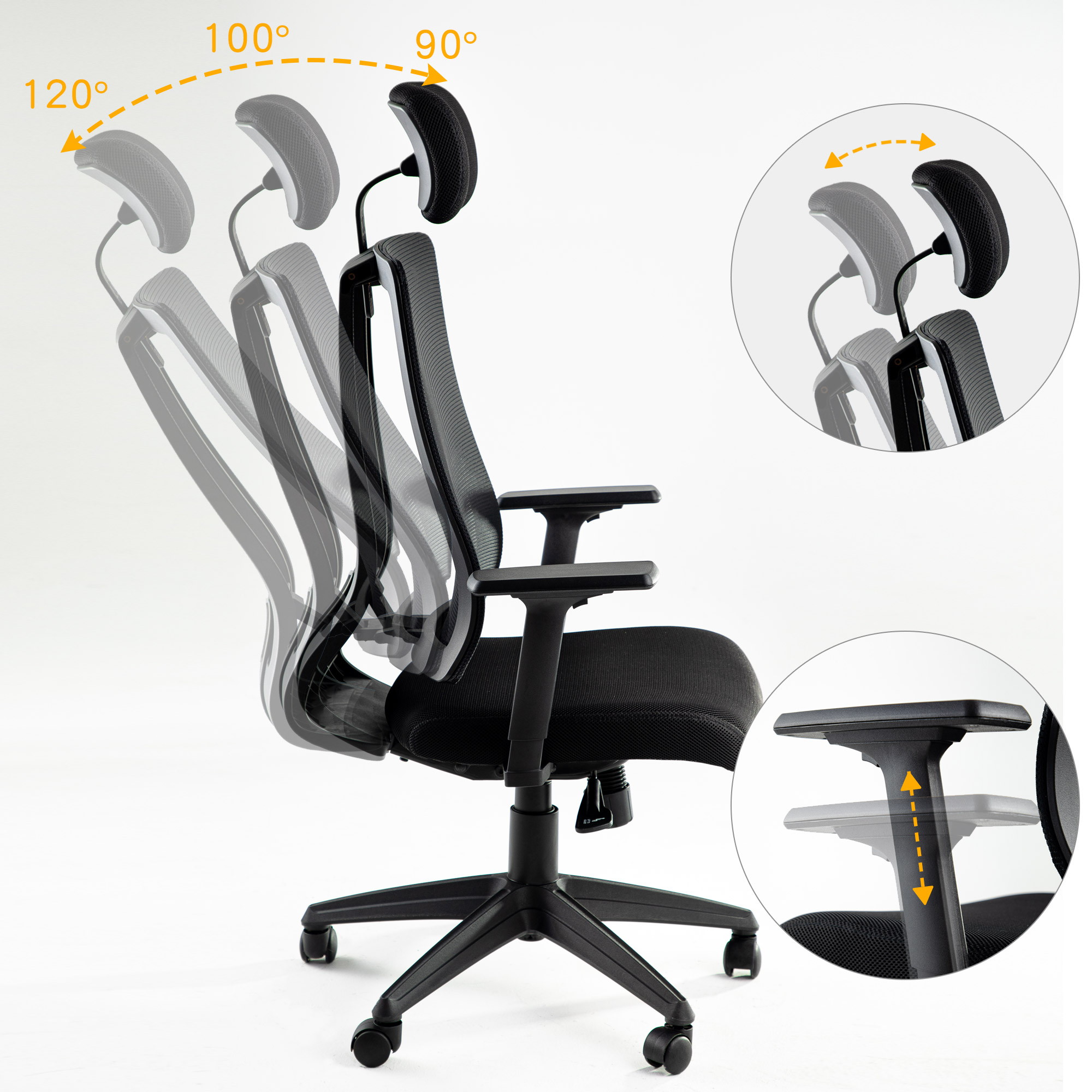 Office Ergonomic Chair High-Back Task Chair Lumbar Mesh Support Computer Chair Desk Chair Multifunction Executive Swivel with Head & Arm Rests Black