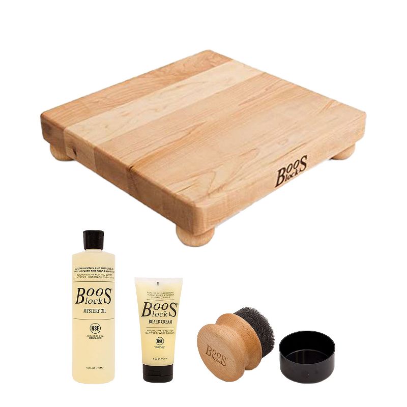 John Boos Maple Wood 12 Inch Square Cutting Board with Feet, 12 x 12 x 1.5 Inches and 3 Piece Wood Cutting Board Care and Maintenance Set