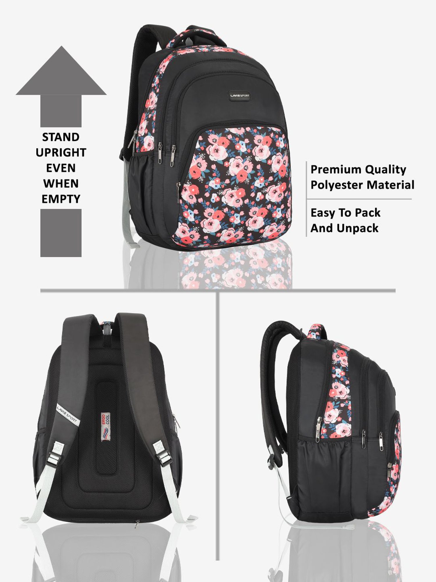 Lavie Sport Rosette 39L Printed School Backpack with Rain cover for Girls (Black)