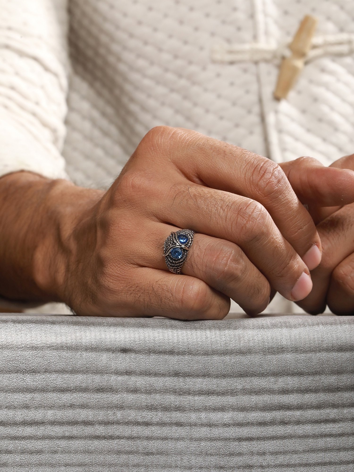 Bold by Priyaasi Blue-Eyed Owl Blue Casual Ring for Men