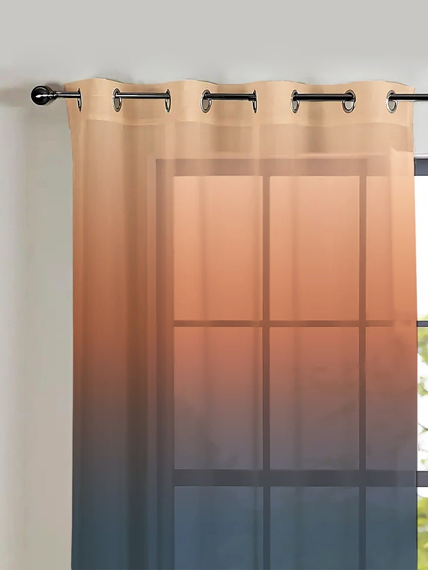 SPACES DRAPE STORY Boho Blue & Brown Polyester 5 ft Sheer Window Curtains - Set of 2