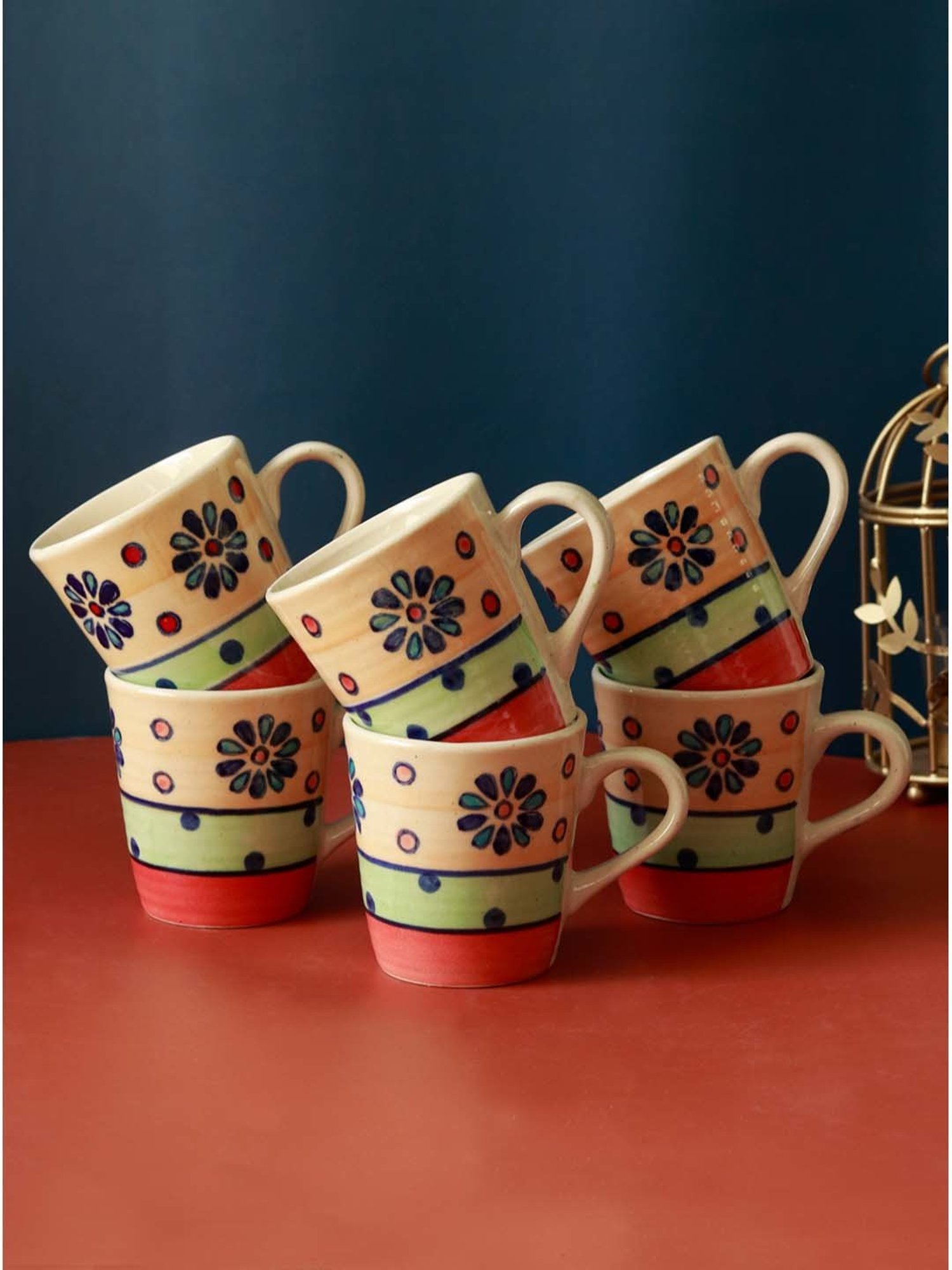 India Circus Floral Blue Bone China Cup Saucer (Set of 8)