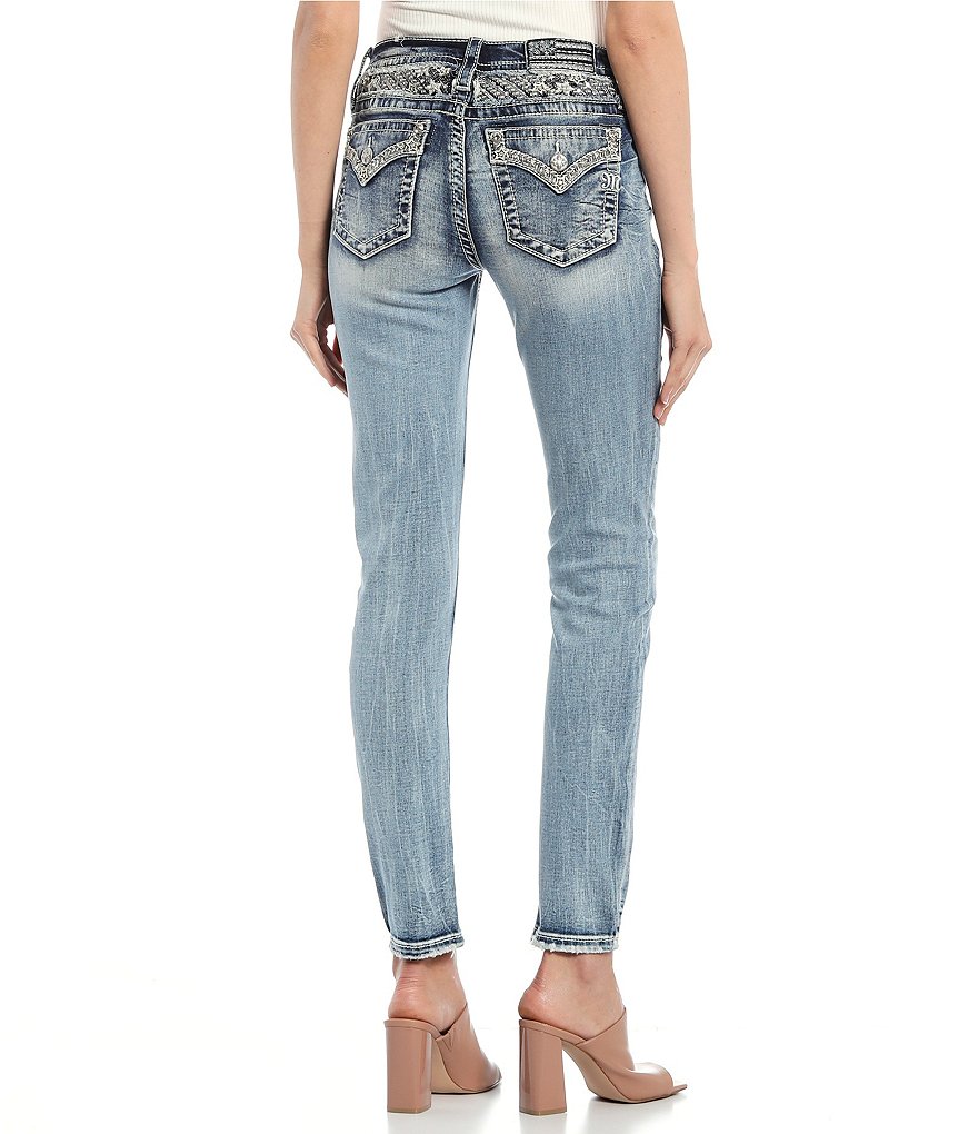 Miss Me Embellished Yoke Border Insert Flap Pocket Skinny Jeans