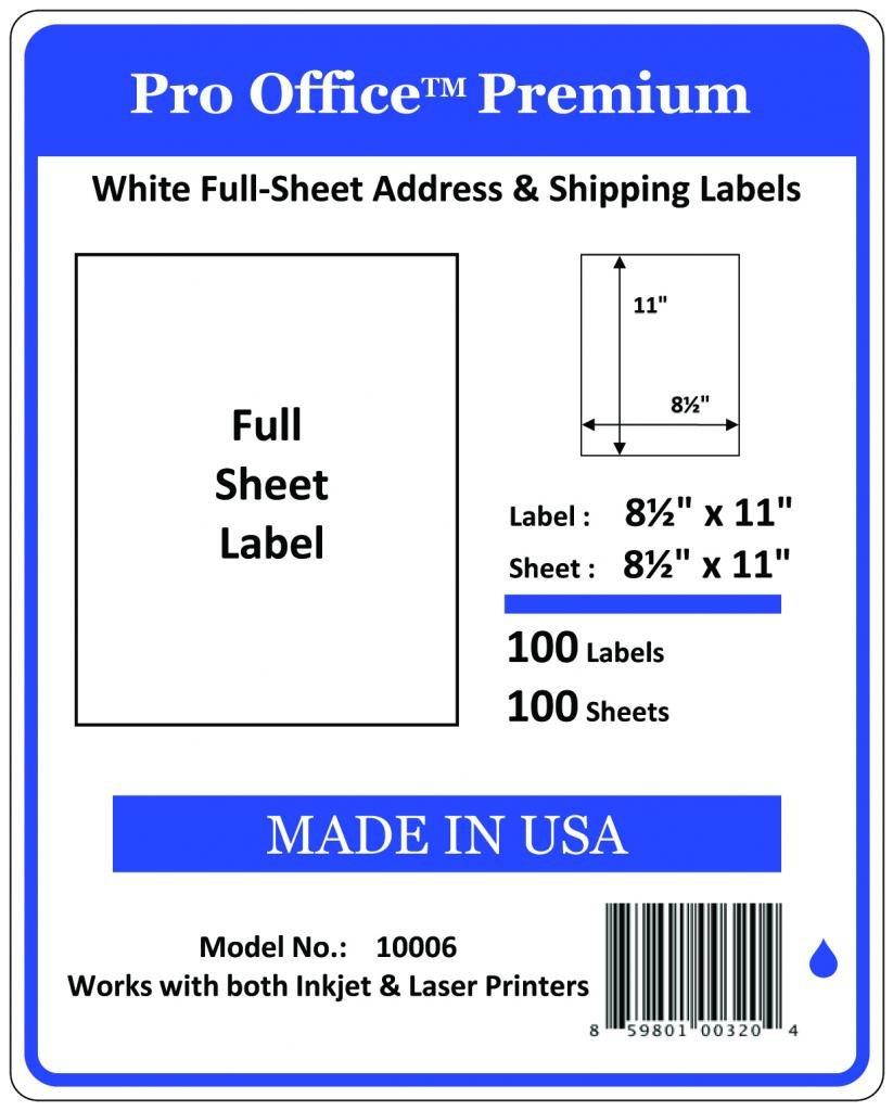 Pro Office Premium 100 Full-Sheet Self Adhesive Shipping Labels for Laser Printers and Ink Jet Printers, White, Made in USA, 8.5 x 11 Inches, Pack of 100, Same Size As 8165 and More