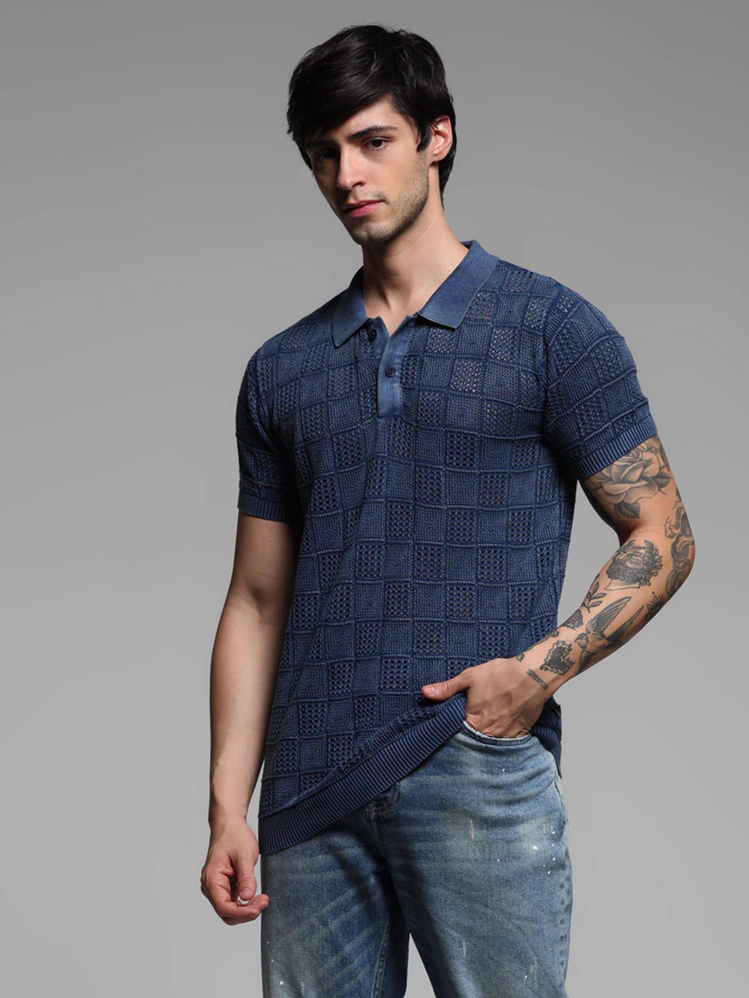 Jack & Jones Insignia Blue Cotton Regular Fit Jacquard T-Shirt