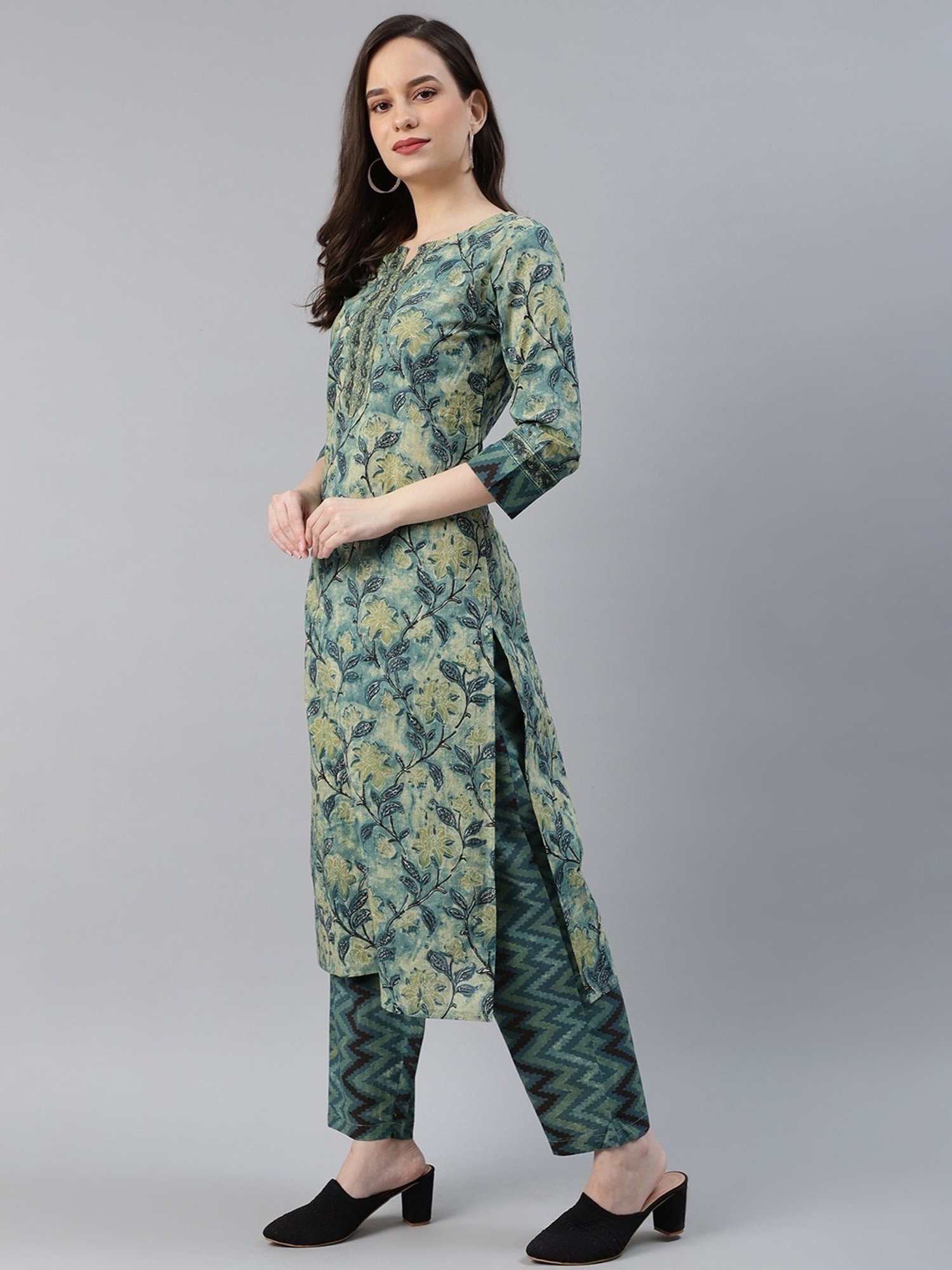 Vaamsi Green Floral Print Kurta Pant Set With Dupatta