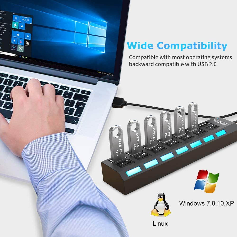 Multi Port USB Splitter, 7-Ports USB 2.0 Hub High Speed ON/Off Individual Switch with LEDs Compatible for All USB Device (7-Ports)