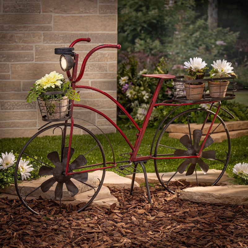 Gerson International 37-Inch Long Solar-Powered Metal Antique-Style Bicycle Plant Stand with Wind Spinner Spokes