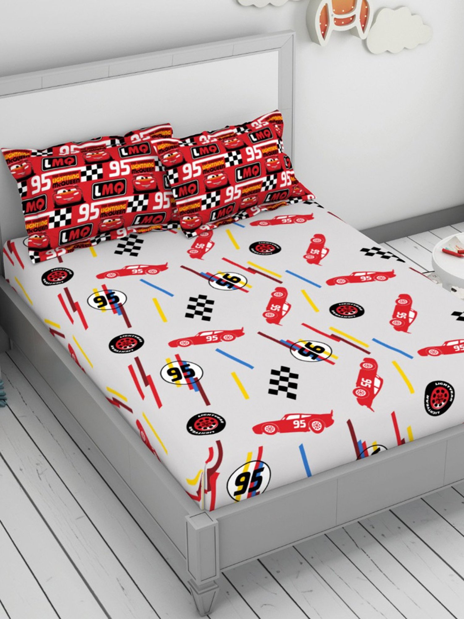 Welspun Disney Car Printed Grey 144 TC Cotton Double Bedsheet With 2 Pillow Covers