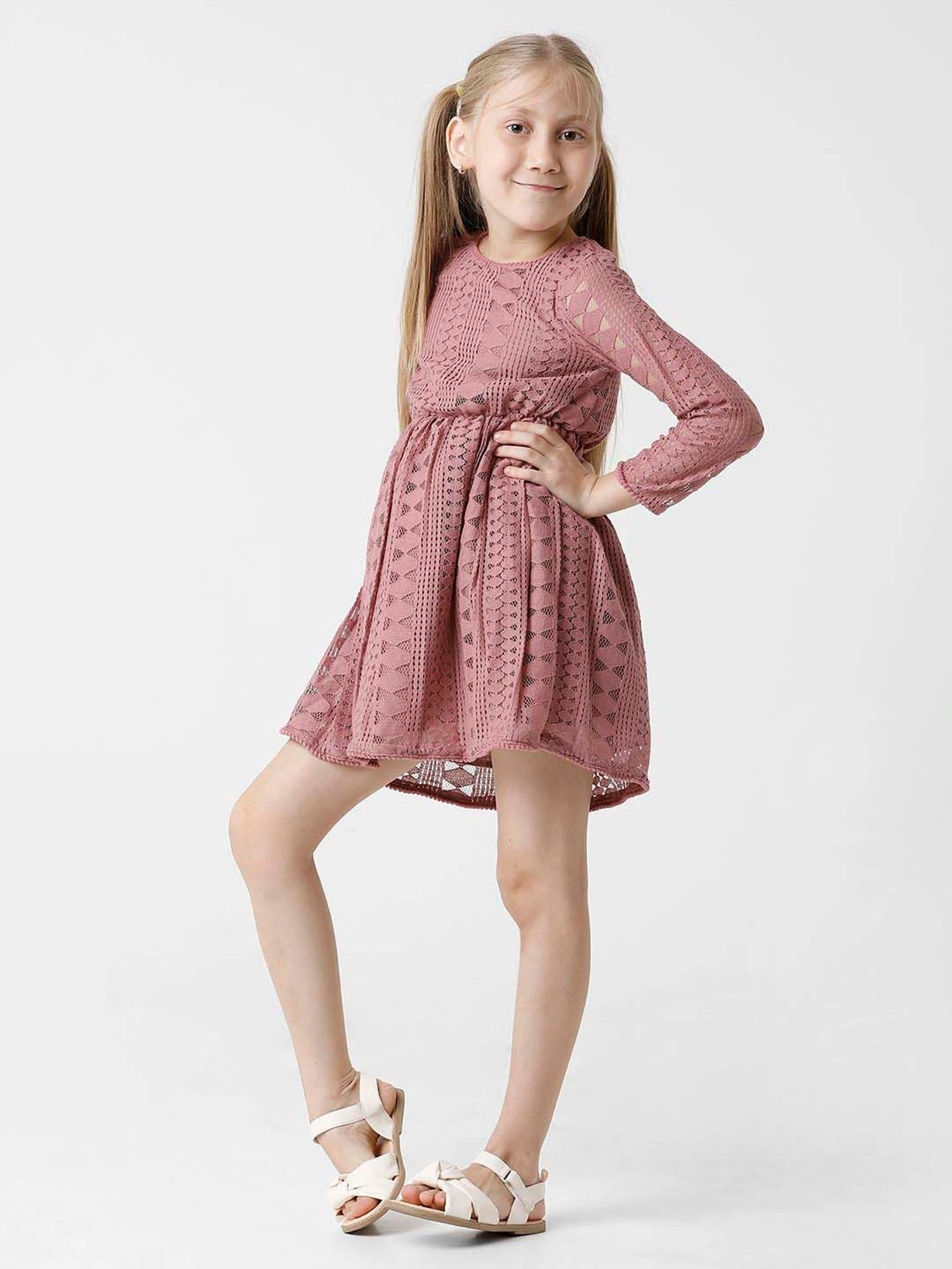 Kate & Oscar Kids Pink Embroidered Full Sleeves Dress