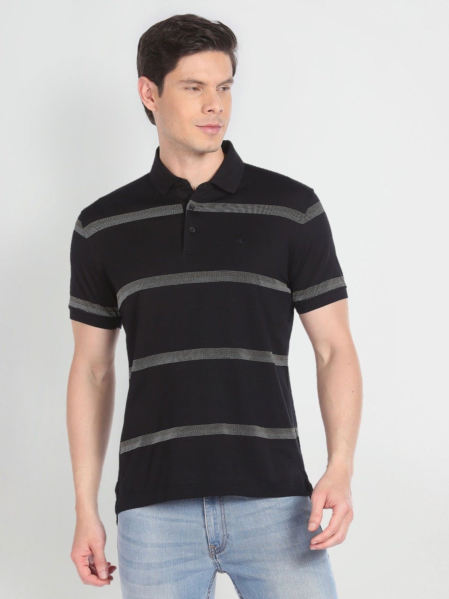 Arrow Black Cotton Regular Fit Striped Polo T-Shirt