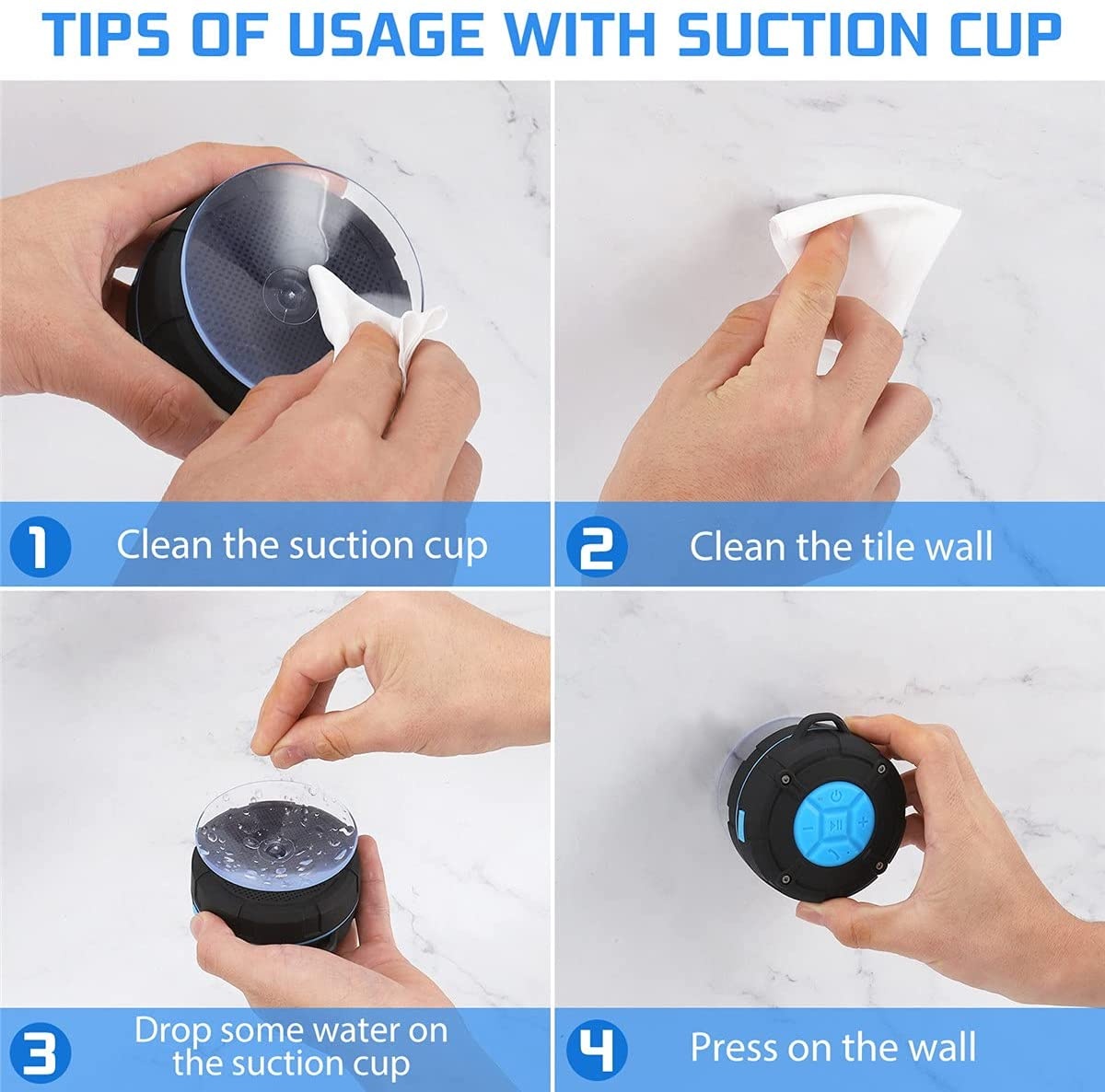 Shower Speaker Bluetooth Waterproof IPX7 Portable Wireless Water-Resistant Speaker Suction Cup & Hook, Built-in Mic, Speakerphone Bathroom Outdoor Beach Travel Hiking Bike Home Party - (Blue)